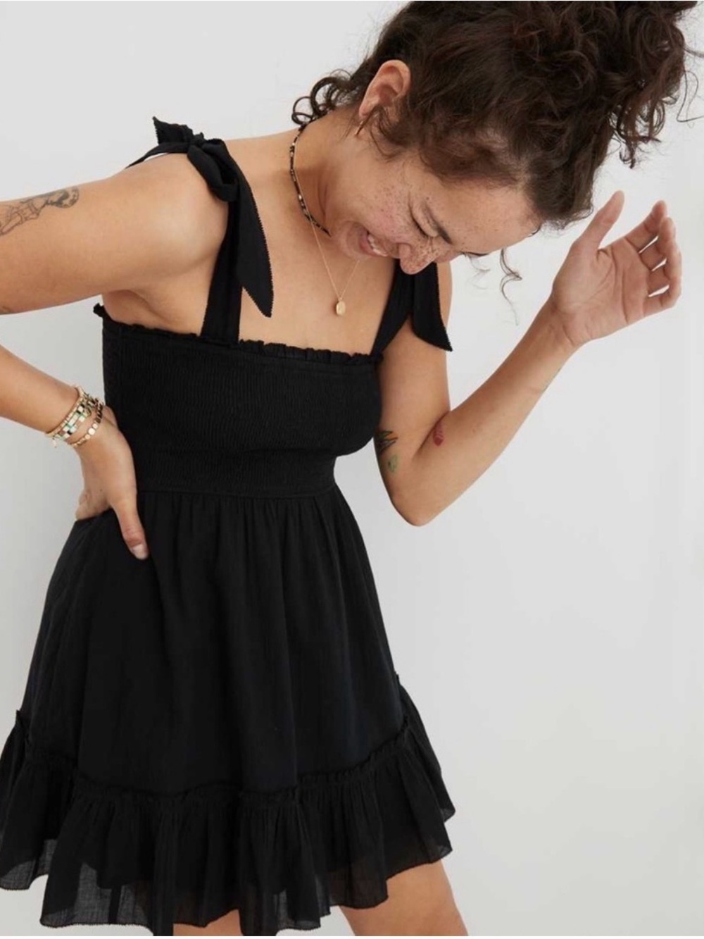 aerie Black Tie-Shoulder‎ Smocked Ruffle Mini Dress